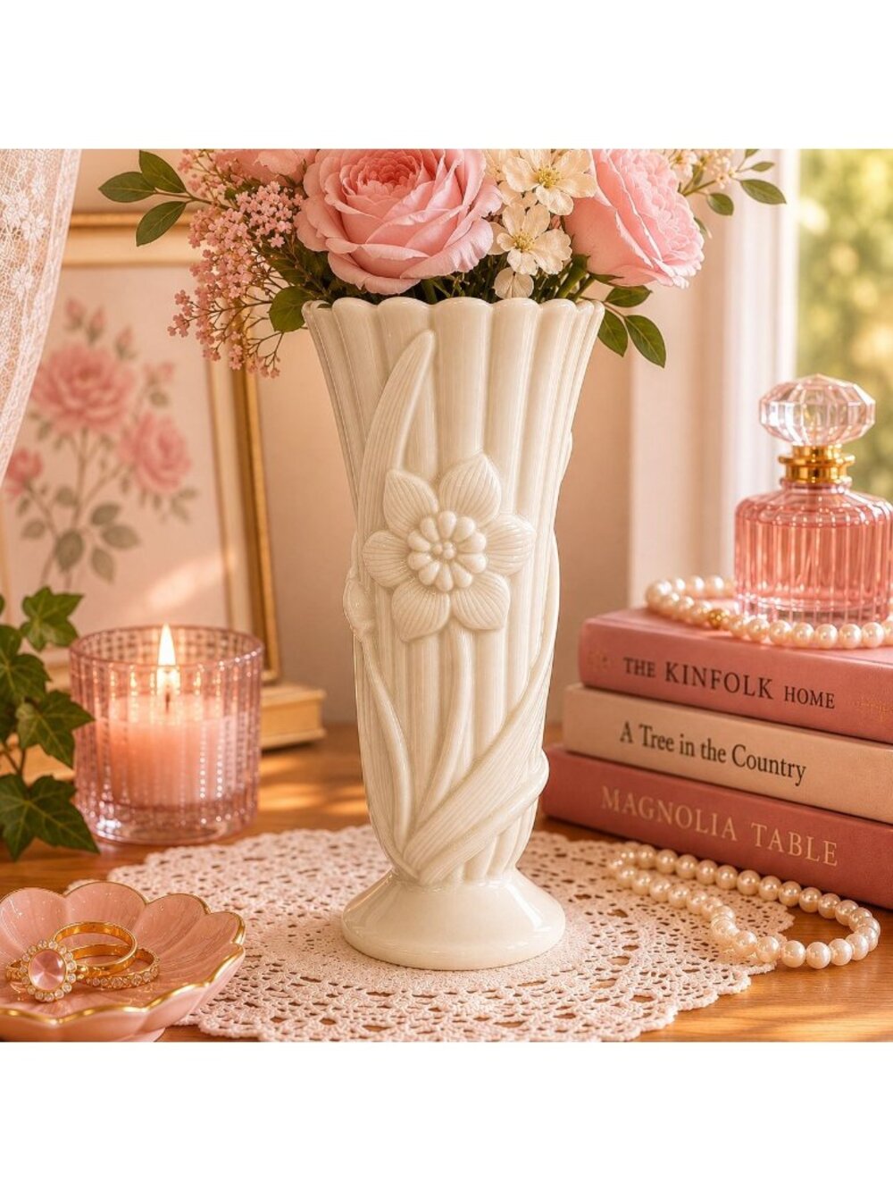 Lenox Porcelain Bud Vase Ivory Floral Scalloped Gold Trim Coquette Home Decor